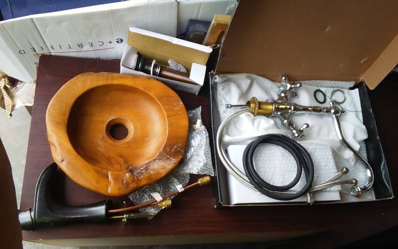 lot 56 image: New Artisian Faucet, Wood Sink Bowl, Pump Look Faucet