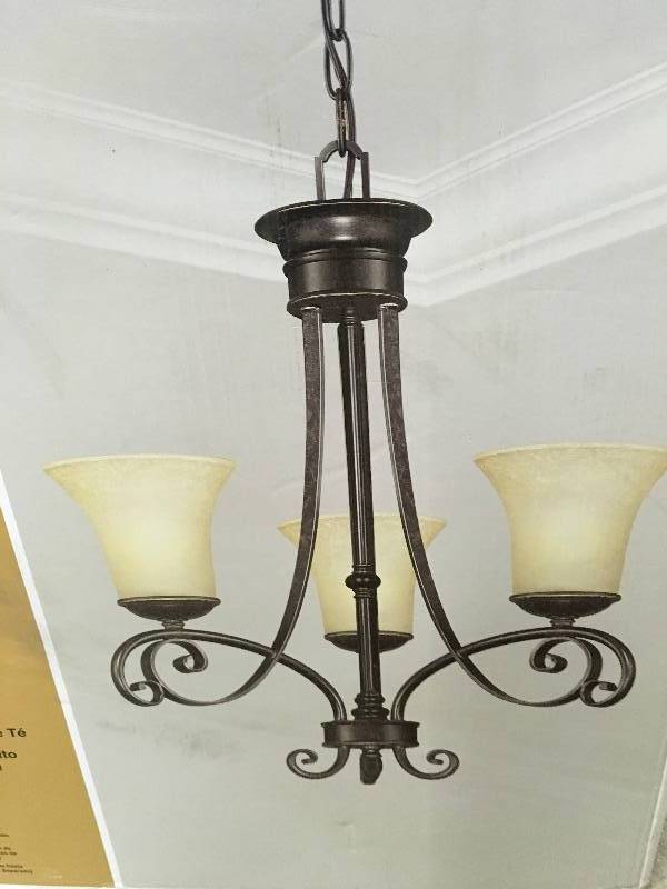 Hampton Bay Essex 3-Light Aged Black Chandelier with Tea Stained Glass Shades not used