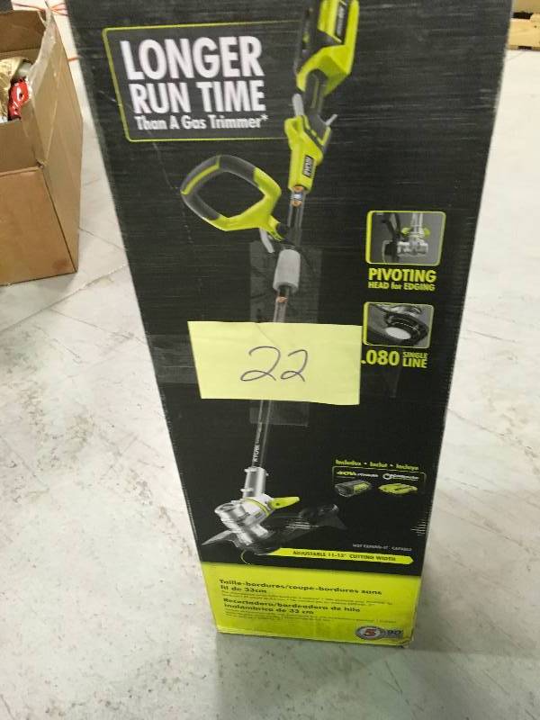 lot 22 image: RYOBI 40-Volt Lithium-Ion Cordless String TrimmerEdger - 2.6 Ah Battery and Charger Included in working conditions