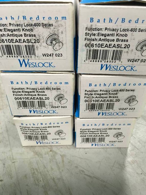 lot 34 image: WESLOCK Traditionale Antique Brass Privacy BedBath Eleganti Door Knob LOT OF 6 not used