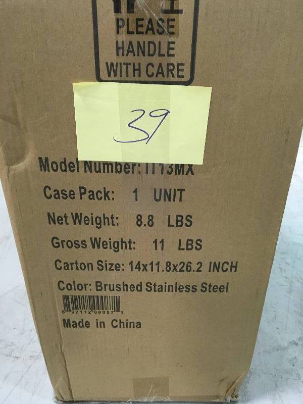 lot 39 image: iTOUCHLES13 Gal. Stainless Steel Square Extra-Wide Lid Opening Motion Sensing Touchless Trash Can not used