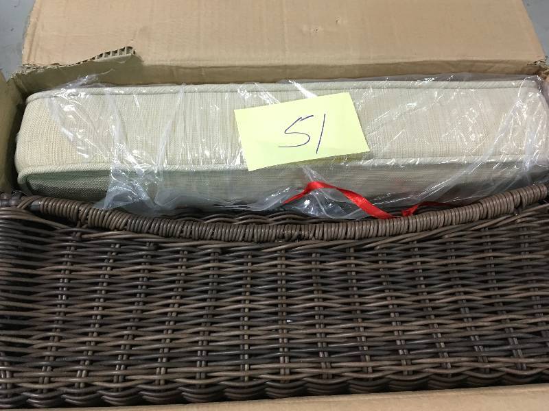lot 51 image: Hampton Bay Park Meadows Brown Wicker Outdoor Ottoman with Beige Cushion not used