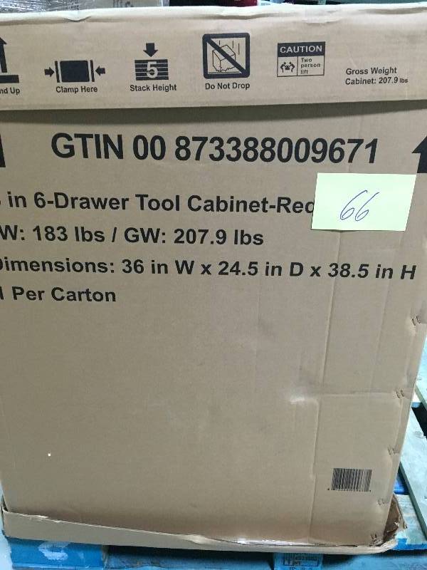 lot 66 image: HUSKY 36 in. W 24.5 in. D 6-Drawer Roller Cabinet Tool Chest in Red not used