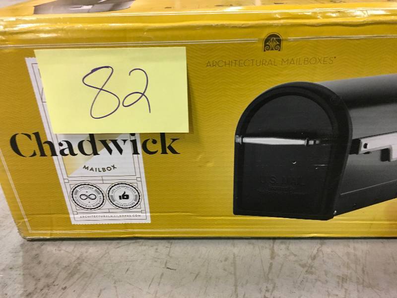lot 82 image: ARCHITECTURAL MAILBOXES Chadwick Nickel Accents Black Post Mount Mailbox