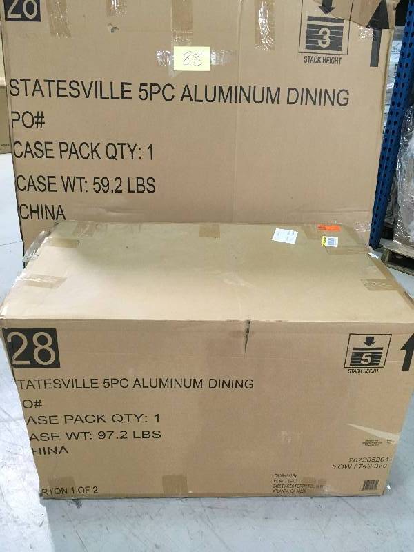 lot 88 image: Hampton Bay Statesville Pewter 5-Piece Aluminum Outdoor Dining Set umbrella are not include open box not used