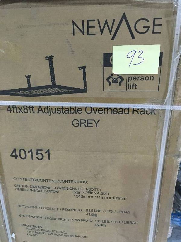 lot 93 image: New Age Performance 96 in. L x 48 in. W x 42 in. H Adjustable VersaRac Ceiling Storage Rack in Gray not used