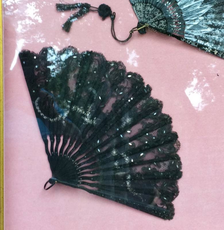 lot 2 image: Lovely Antique Seeded Victorian Fans Framed In Case With Information On Back.