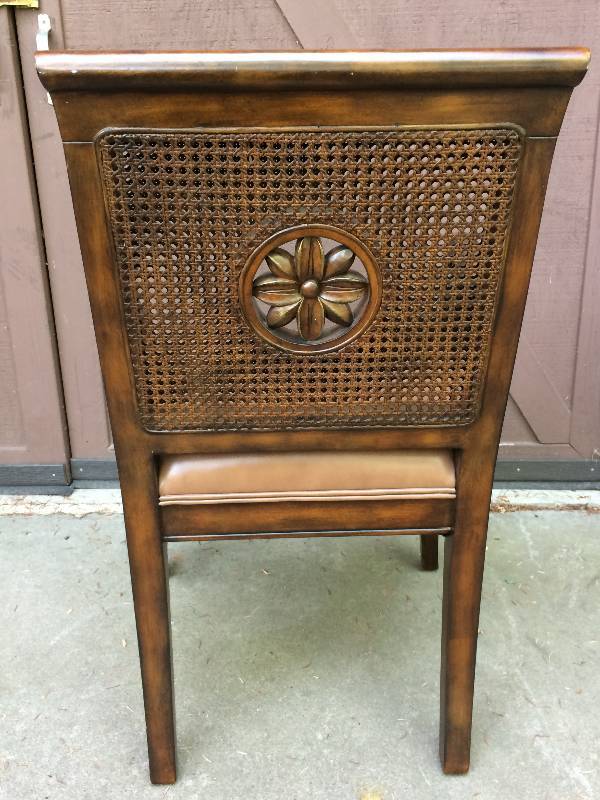 lot 17 image: Handsome, Stately & High Quality Galleria USA Designer Carved Wood Cane Back Leather Upholstered Arm Chair - Like New Condition
