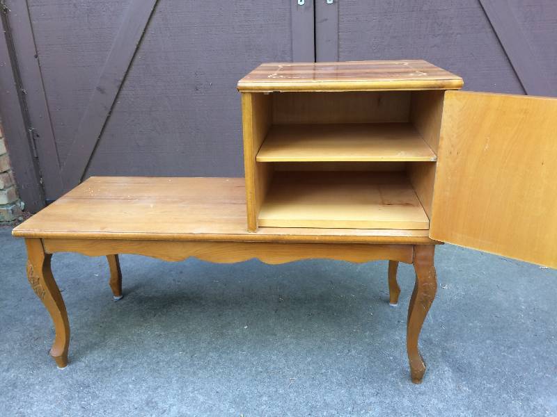 lot 8 image: Very Unusual Antique Lacquered Wood Telephone Bench Cabinet With Russian Or Czechoslovakian Label Underneath - Great Condition For Age - Some Tiny White Paint Spots 