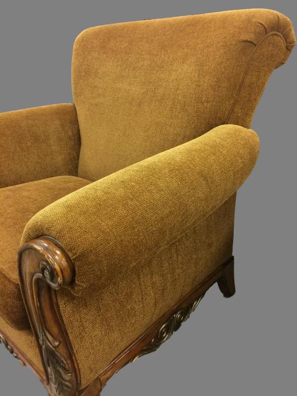 lot 11 image: WOAH  Very Large Quality Piece Of Furniture Cindy Crawford Carved Wood & Velvet Upholstered Arm Chair - Very Stunning & Impressive  Excellent Condition - Very Minor Scuffs To Wood See Pics