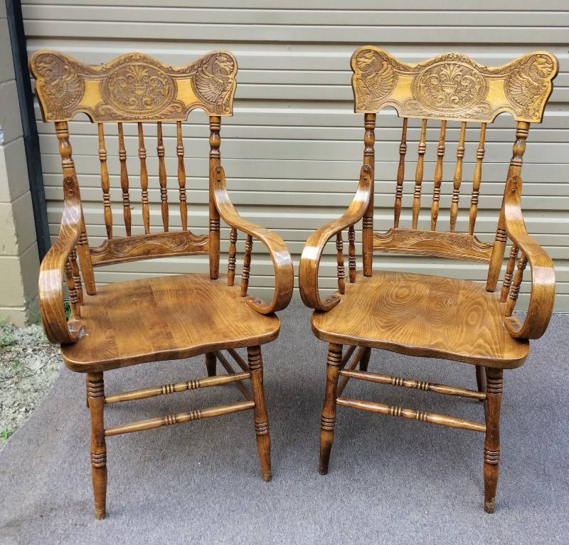 Amazing&nbsp Look At The Details Very Rare Pair Antique Griffin Dragon Carved Pressed Back Spindle WOW&gt&gtBent Wood Arm Chairs - Great Condition For Age&nbsp