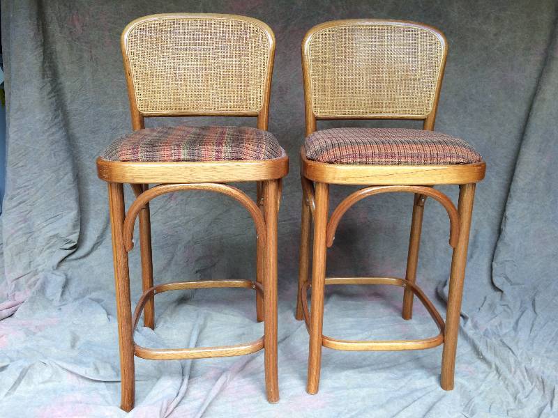 Pair Retro Thonet Style Bent Wood Cane Back Bar Stools Counter Height Chairs Excellent Condition No Stains To Fabric 1123 Chairs Chairs Chairs Auction Designer High Quality Mid Century Modern