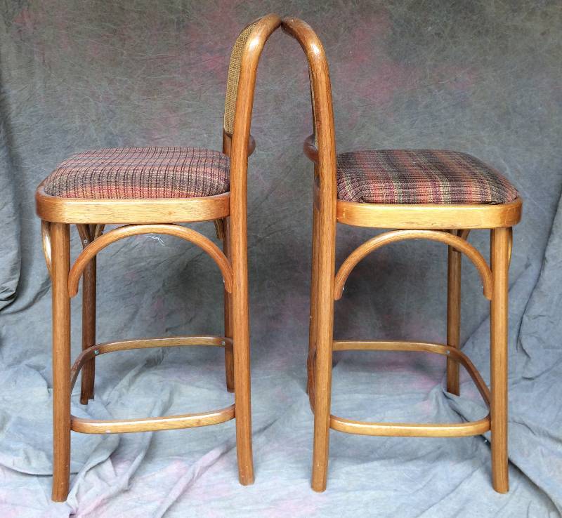 Pair Retro Thonet Style Bent Wood Cane Back Bar Stools Counter Height Chairs Excellent Condition&nbsp No Stains To Fabric