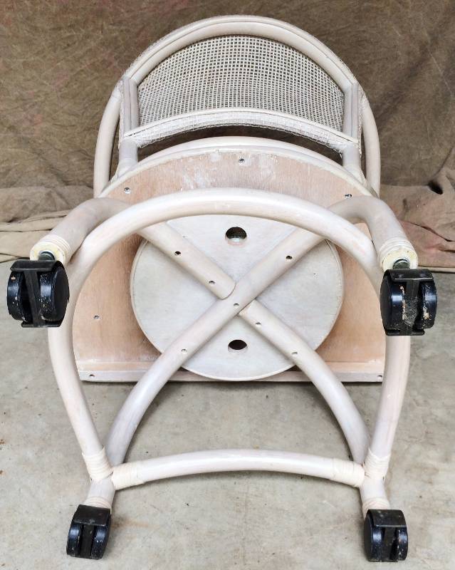 3 Fantasic Retro Cool MCM Bent Bamboo Rattan Cushioned Barrel Cane Back Game Chair On Casters Rollers - Great Vintage Condition - Couple Scuffs Due To Age - Cushions Can Be Unzippered &amp Washed (Couple Small Occasional Stains)