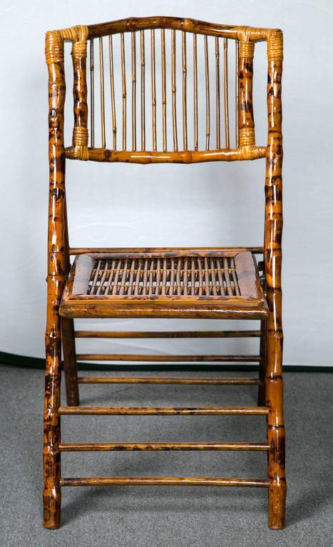 Pair Antique English Victorian Style Tortoise Burnt Authentic Bamboo Rattan Cane Folding Chairs - Excellent Sturdy Condition