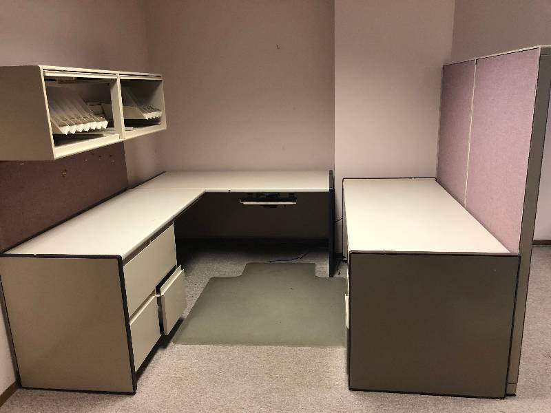Workstation-Cubicle furniture Set includes 1 cubicle wall only  all pieces in good condition  mut bring own tools and help to take down and load