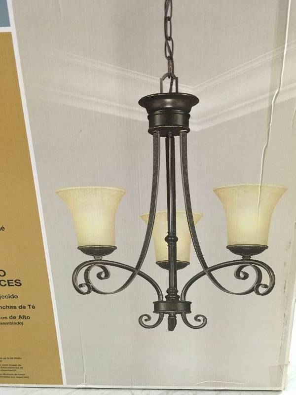HAMPTON BAY Essex 3-Light Aged Black Chandelier with Tea Stained Glass Shades not used