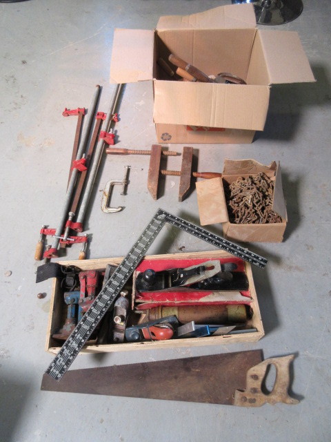 lot 111 image: CLAMPS, SQUARES, PLANER AND JACKS