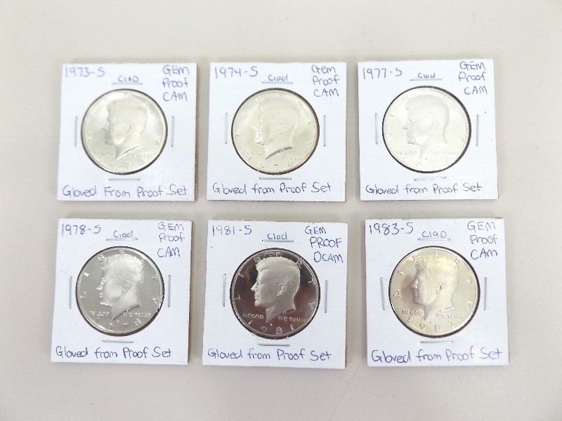 lot 12 image: 6 Gem Proof Kennedy Half Dollars