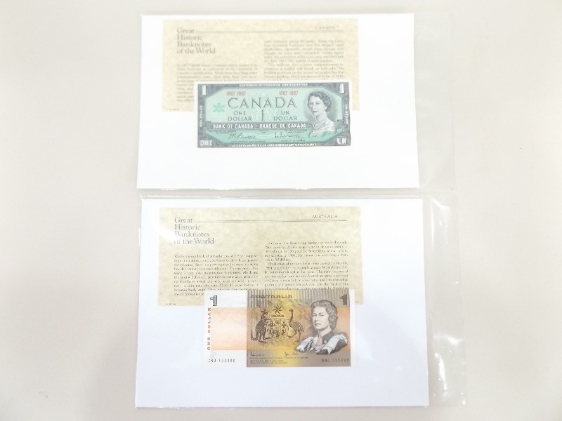lot 16 image: Gem MINT Uncirculated 1967 Canadian, and 1984 Australian Dollar Notes