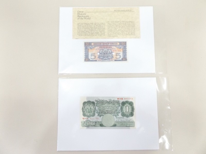 lot 17 image: Gem MINT Uncirculated British Armed Forces 5 Shillings Note, and Bank of England 1 Pound Note