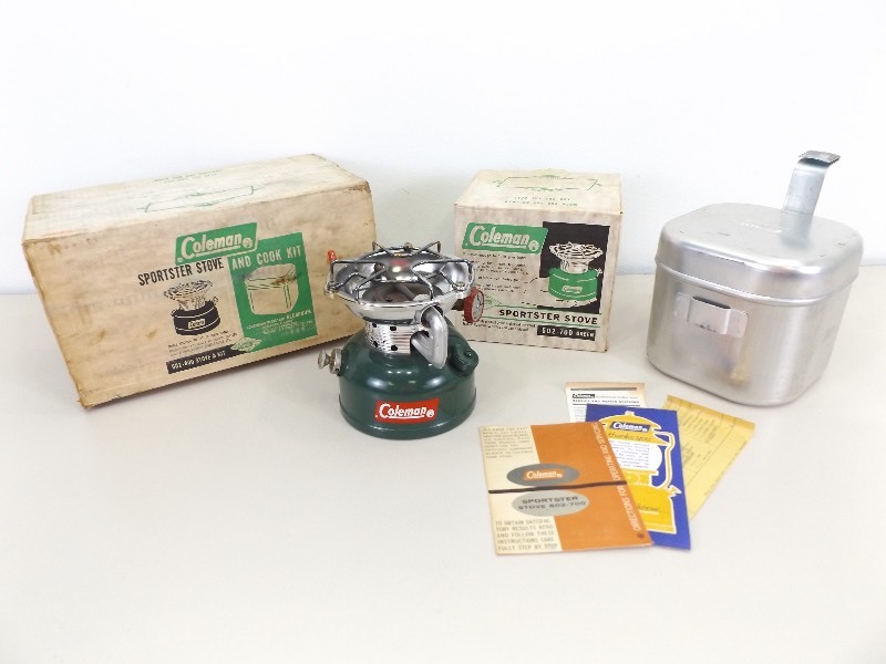 lot 33 image: NEW Vintage Coleman Sportster Stove and Cook Kit in Original Box