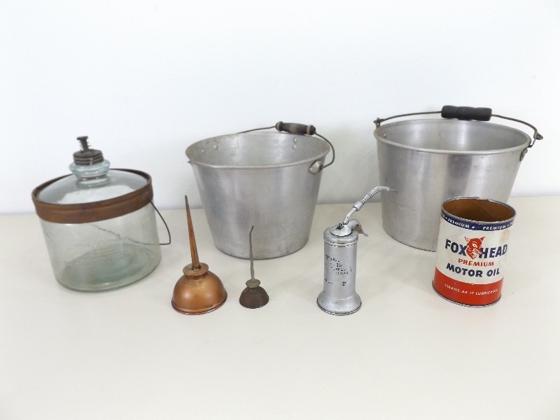 lot 34 image: Lot of AntiqueVintage Glass Kerosene Bottle, Oil Cans, and Metal Buckets
