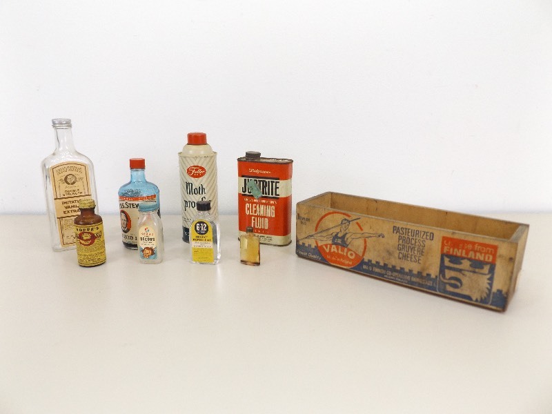 lot 36 image: Lot of Vintage Snake Oil etc. Bottles in Wood Cheese Box