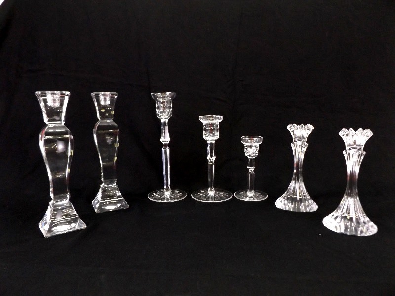 lot 25 image: 7 MINT Waterford, Towle, etc. Crystal Candleholders 