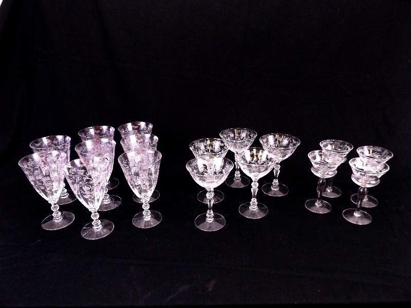 lot 28 image: Set of Etched Crystal Wine Glasses