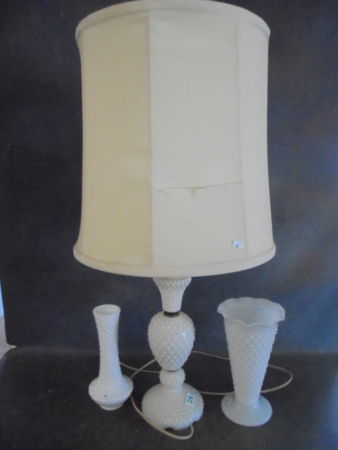 lot 28 image: Milk Glass Lamp and Vases