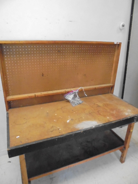 lot 75 image: Wooden Work bench with Pegboard Back and Pegs