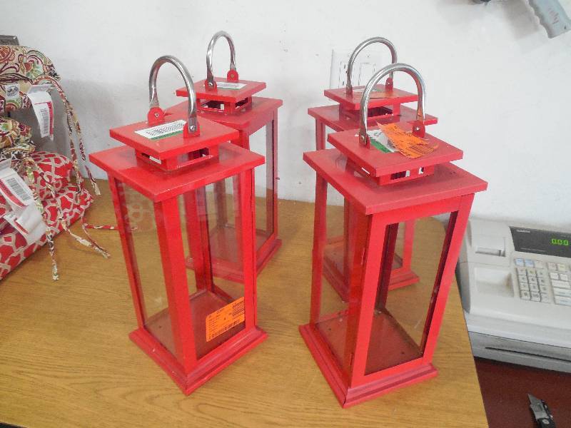 lot 56 image: (4) Hampton Bay 15.35 in. H Ruby Red Metal and Glass Lantern