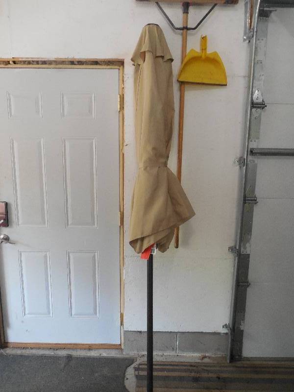 lot 65 image: Hampton Bay 9 ft. Steel Crank and Tilt Patio Umbrella in Cafe