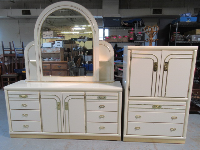 lot 201 image: BEDROOM DRESSER, MIRROR AND ARMOIRE