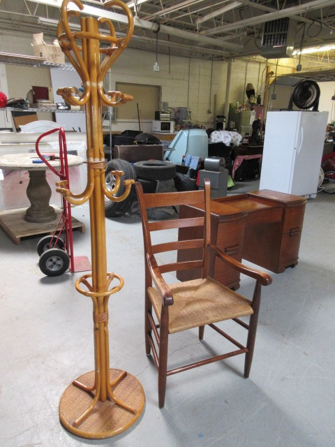 lot 208 image: WOOD AND RATTAN COAT STAND AND ARM CHAIR