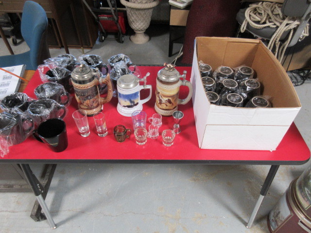 lot 227 image: BEER STEINS, SHOT GLASSES AND COFFEE MUGS