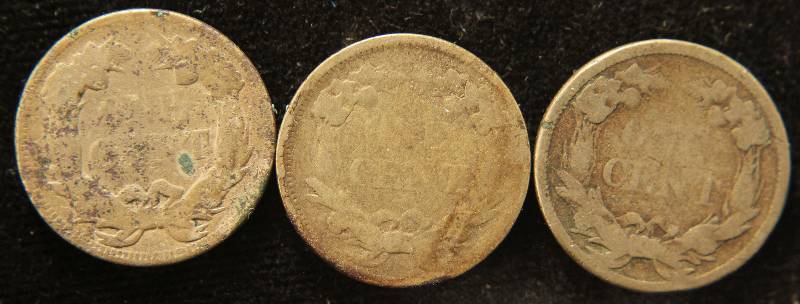 3 FLYING EAGLE CENTS 1857, 1858SL & 1858LL