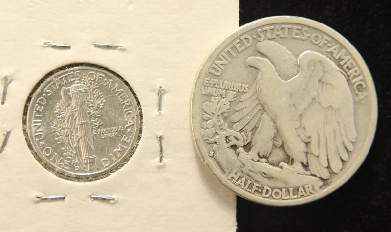 2 COINS 1943-D MERCURY DIME & 1935-S WALKING LIBERTY HALF