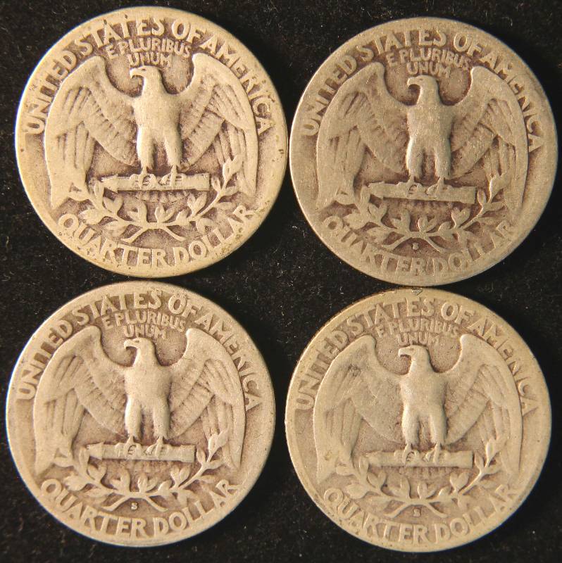GROUP OF 4 SILVER WASHINGTON QUARTERS 1934, 1937-S, 1938-S, 1942-S