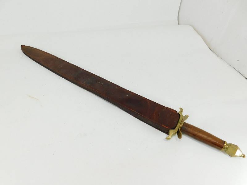 lot 54 image: Stainless Steel Sword From Pakistan In Brown Leather Sheath