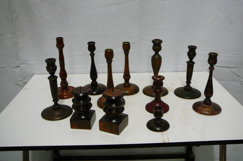lot 8 image: Antique Wooden Spindle Candle Holders