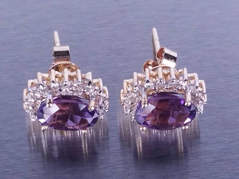 lot 27 image: Natural Amethyst and Diamond Earrings 14k