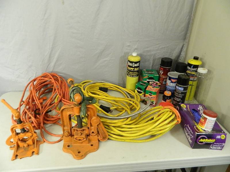 lot 85 image: Pipe Vises, Cords, Chemicals