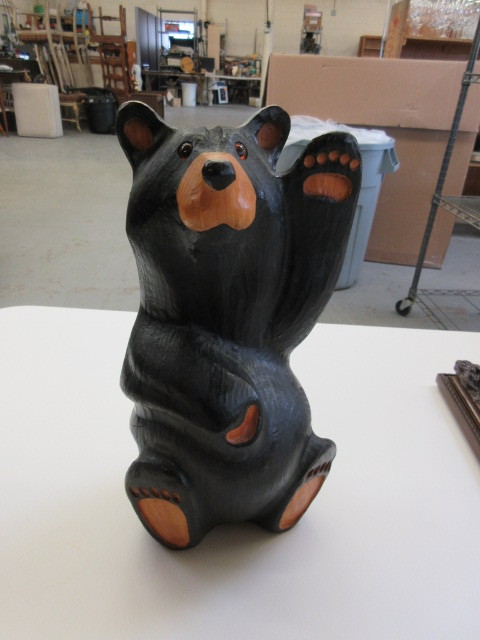 lot 333 image: CARVED BEAR, SHELVES AND FRAMED NEEDLE POINT
