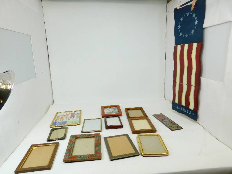 lot 47 image: Wooden American Flag Fold Up Wall Hanging--No Peein On The Porch Sign--Eleven Picture Frames