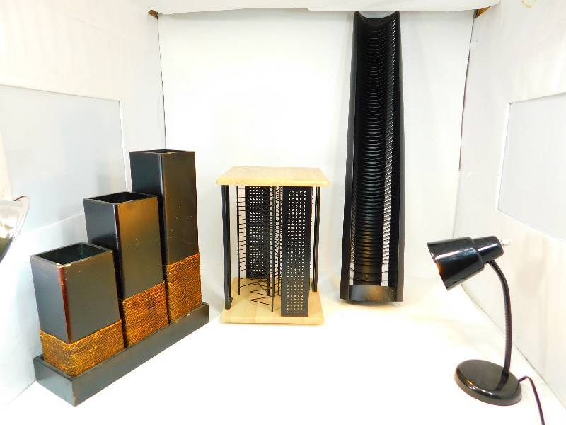 lot 53 image: Two CD Holders--Desk Lamp--Artificial Three Floral Arrangement Vase Set