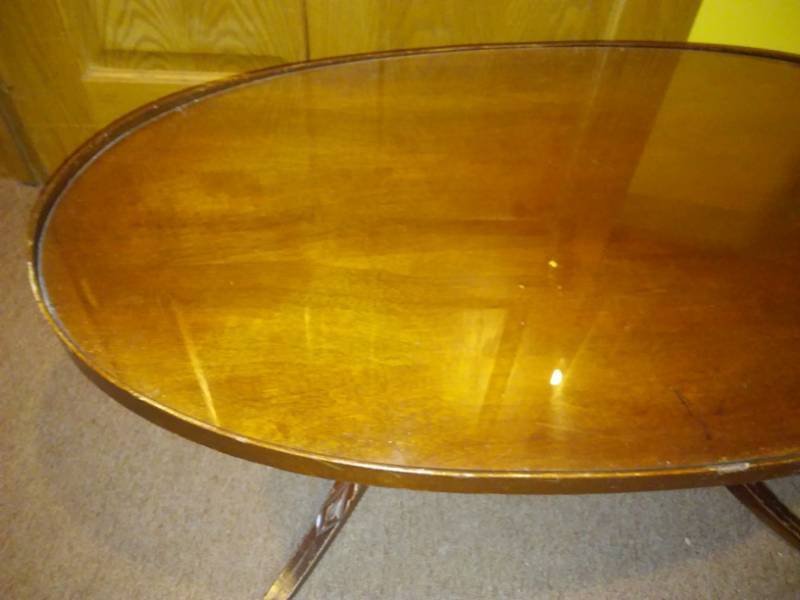 lot 281 image: Vintage wood table with glass top and claw feet