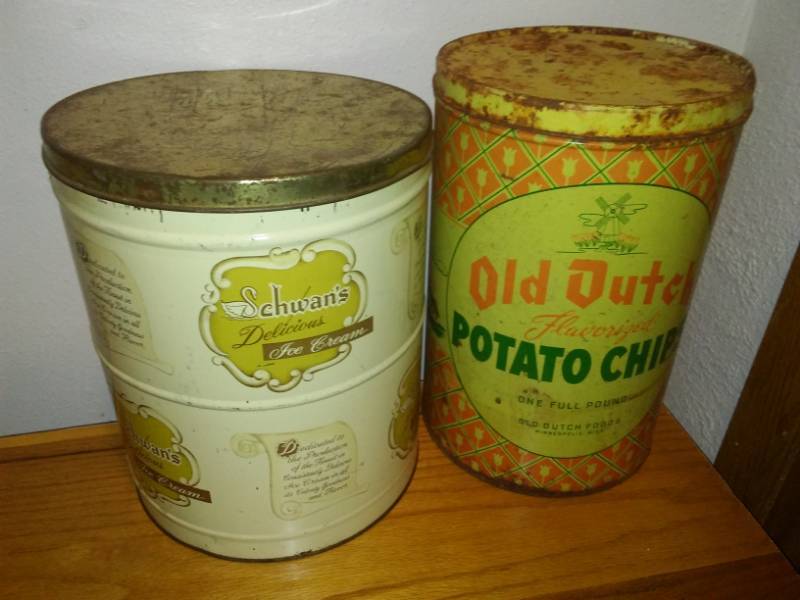 lot 334 image: Old Dutch and Schwans Cans, Old Dutch 11.5 x 8, Schwans 10.5 x 8.5