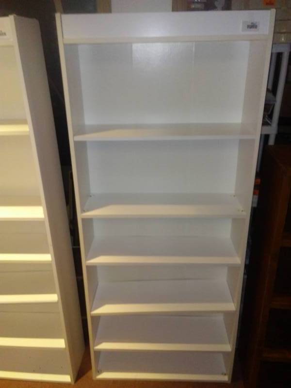 lot 409 image: White shelving unit, 68 x 29 W 9.5 D, nice, pictures upside down